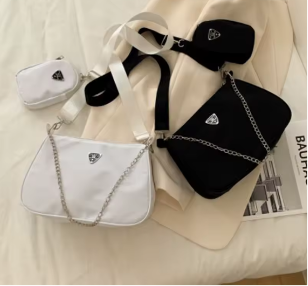 2-teiliges Damen Taschen Set – Nylon Schultertasche & Handtasche mit Kettenriemen, elegant & leicht, Freizeit & Reise, einfarbig, 20x30 cm, 2 Farben