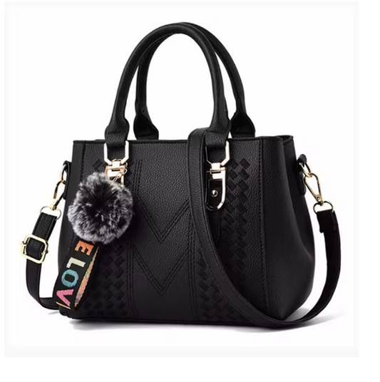 Damen Leder Umhängetasche 23x14x19 cm – Stickerei Messenger Bag mit Anhänger, elegante Handtasche mit Haarball, Crossbody & Schultertasche, 6 Farben