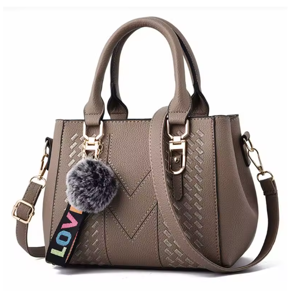 Damen Leder Umhängetasche 23x14x19 cm – Stickerei Messenger Bag mit Anhänger, elegante Handtasche mit Haarball, Crossbody & Schultertasche, 6 Farben