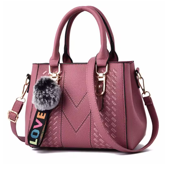 Damen Leder Umhängetasche 23x14x19 cm – Stickerei Messenger Bag mit Anhänger, elegante Handtasche mit Haarball, Crossbody & Schultertasche, 6 Farben
