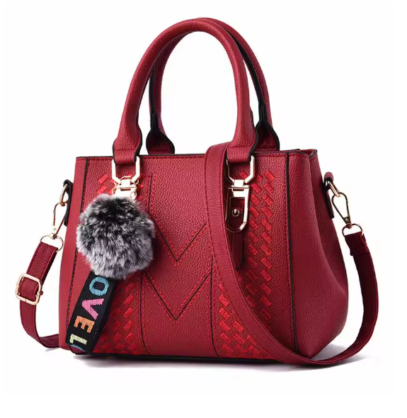 Damen Leder Umhängetasche 23x14x19 cm – Stickerei Messenger Bag mit Anhänger, elegante Handtasche mit Haarball, Crossbody & Schultertasche, 6 Farben