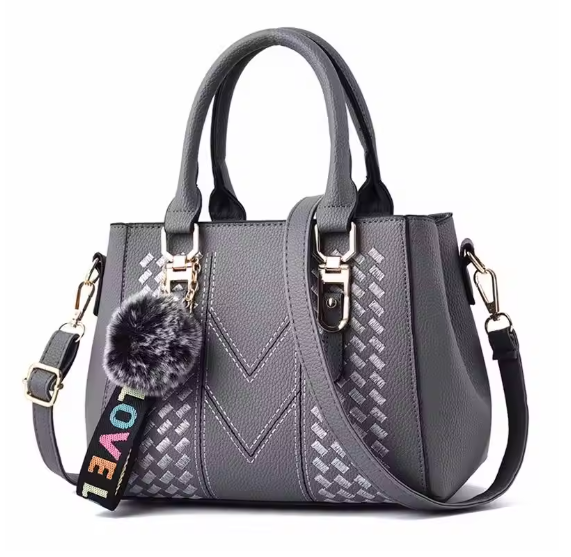 Damen Leder Umhängetasche 23x14x19 cm – Stickerei Messenger Bag mit Anhänger, elegante Handtasche mit Haarball, Crossbody & Schultertasche, 6 Farben