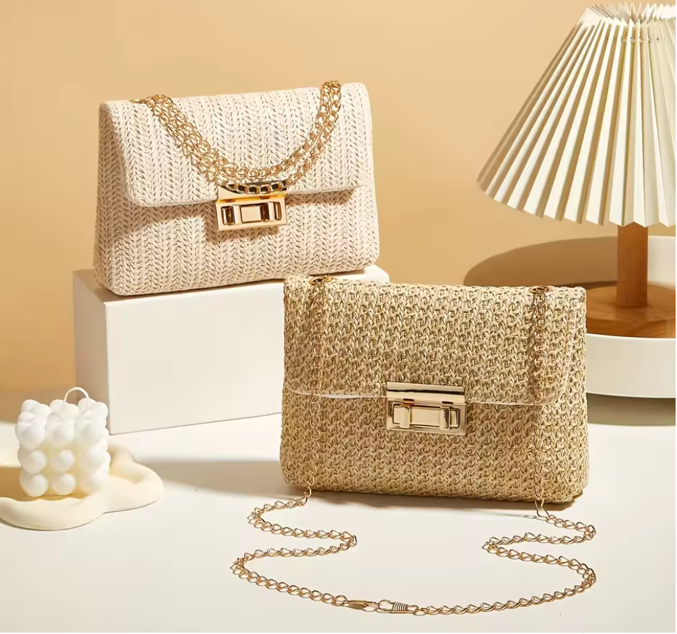 Damen Stroh Umhängetasche – Handgewebte Crossbody Bag mit Verschluss, sommerliche Schultertasche, leicht & stilvoll, Strandtasche & Freizeit, verschiedene Modelle