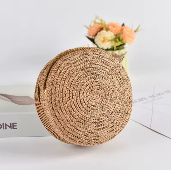 Runde Stroh Umhängetasche Damen 16x6,5x16 cm – Handgewebte Rattan Strandtasche, Sommer Schultertasche & Crossbody Bag, Boho Style, verschiedene Farben