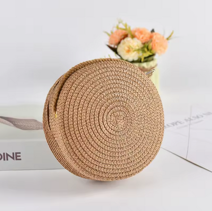 Runde Stroh Umhängetasche Damen 16x6,5x16 cm – Handgewebte Rattan Strandtasche, Sommer Schultertasche & Crossbody Bag, Boho Style, verschiedene Farben