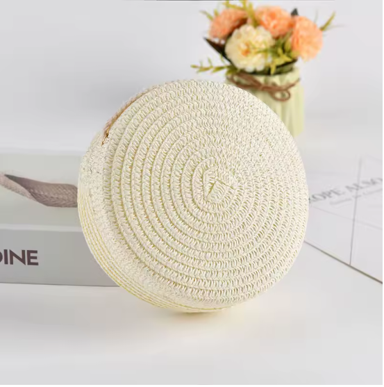 Runde Stroh Umhängetasche Damen 16x6,5x16 cm – Handgewebte Rattan Strandtasche, Sommer Schultertasche & Crossbody Bag, Boho Style, verschiedene Farben