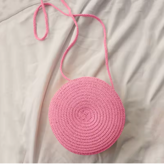 Runde Stroh Umhängetasche Damen 16x6,5x16 cm – Handgewebte Rattan Strandtasche, Sommer Schultertasche & Crossbody Bag, Boho Style, verschiedene Farben