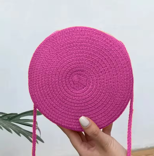 Runde Stroh Umhängetasche Damen 16x6,5x16 cm – Handgewebte Rattan Strandtasche, Sommer Schultertasche & Crossbody Bag, Boho Style, verschiedene Farben