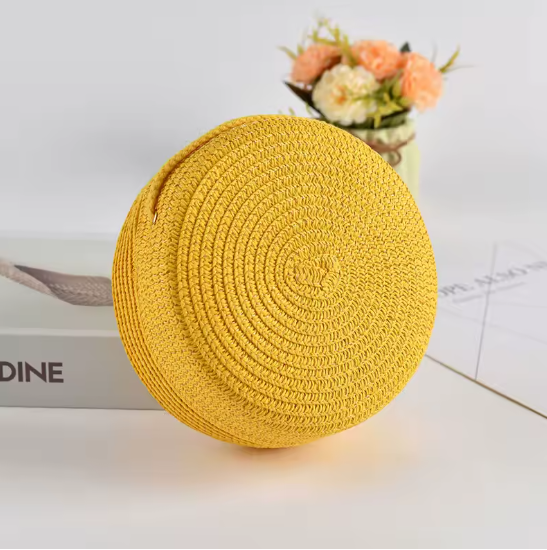 Runde Stroh Umhängetasche Damen 16x6,5x16 cm – Handgewebte Rattan Strandtasche, Sommer Schultertasche & Crossbody Bag, Boho Style, verschiedene Farben