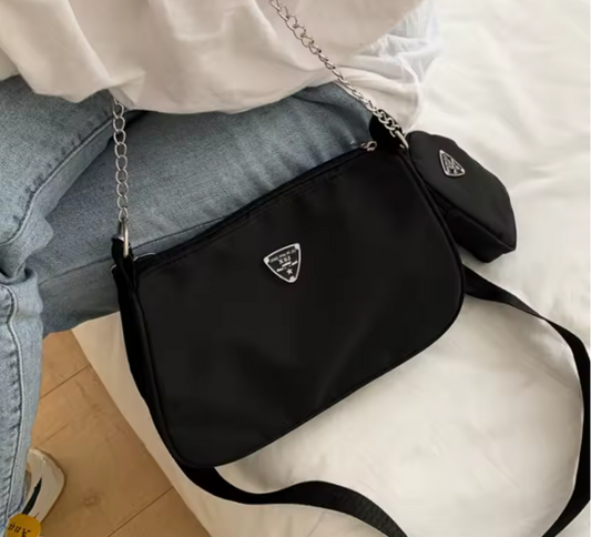 2-teiliges Damen Taschen Set – Nylon Schultertasche & Handtasche mit Kettenriemen, elegant & leicht, Freizeit & Reise, einfarbig, 20x30 cm, 2 Farben